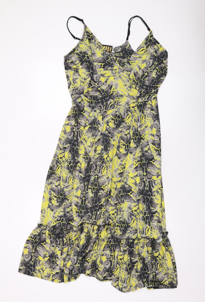 Libby Loves Womens Yellow Geometric Polyester Wrap Dress Size 10 V-Neck Tie