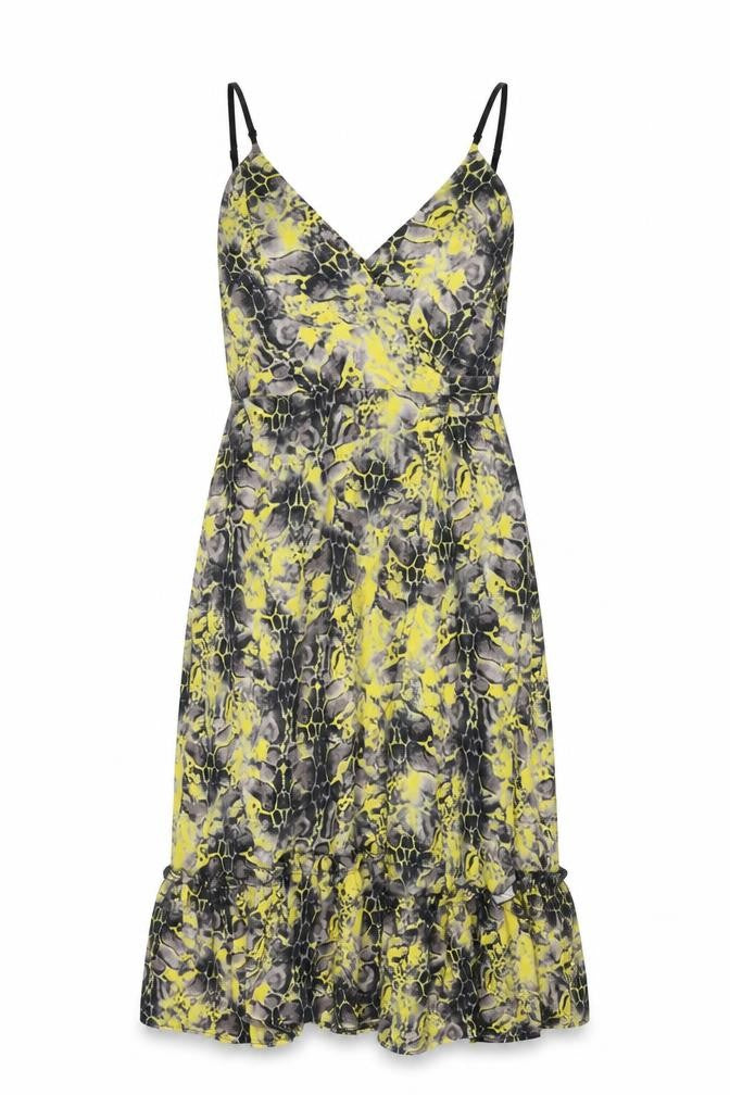 Front view of Libby Loves women’s yellow geometric polyester wrap dress, size UK 10, v-neck tie