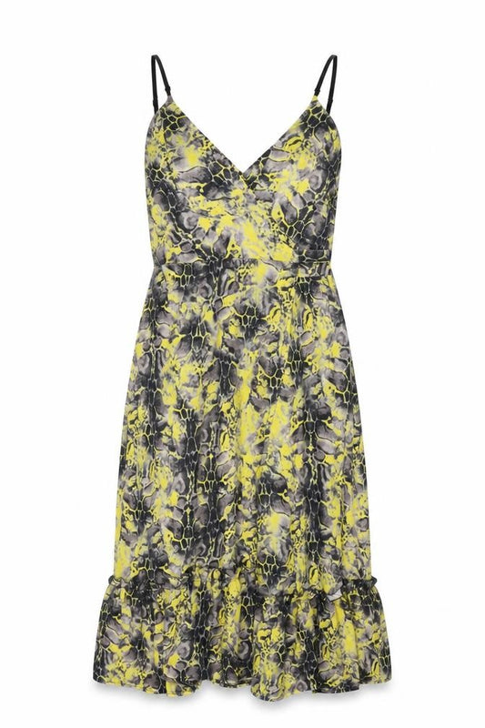 Front view of Libby Loves women’s yellow geometric polyester wrap dress, size UK 10, v-neck tie