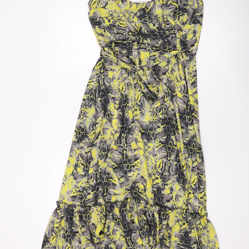 Libby Loves Womens Yellow Geometric Polyester Wrap Dress Size 10 V-Neck Tie