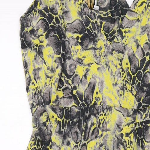Libby Loves Womens Yellow Geometric Polyester Wrap Dress Size 10 V-Neck Tie