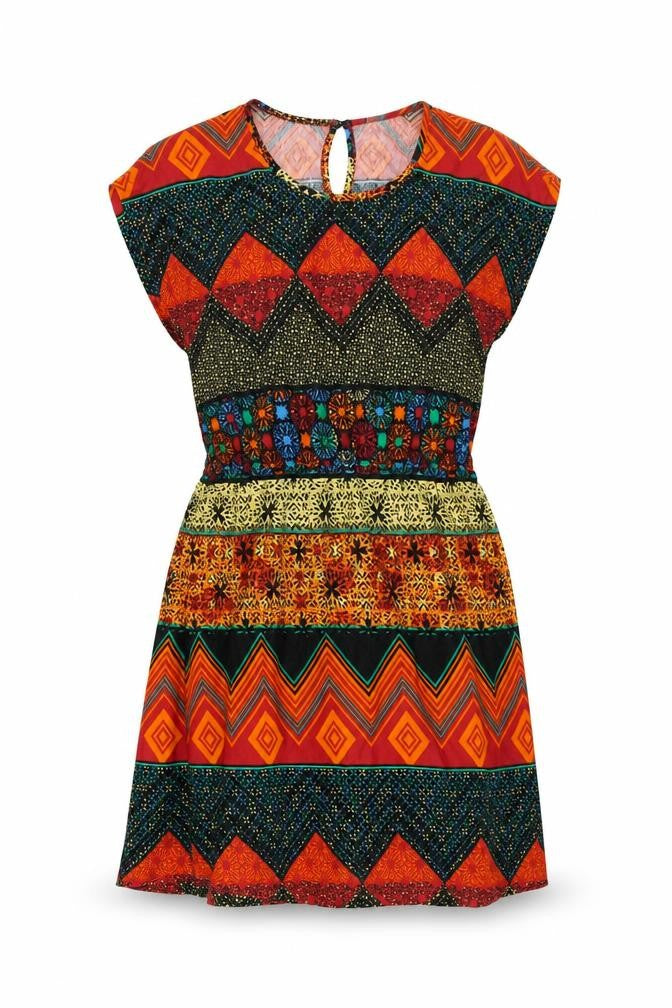 Front view of Vero Moda women’s multicoloured geometric cotton a-line, size M, round neck pullover