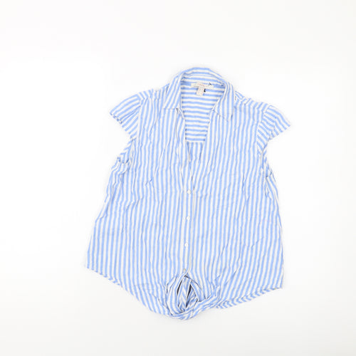 Esprit Womens Blue Striped Cotton Cropped Button-Up Size 8 V-Neck