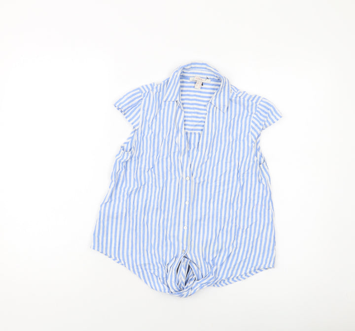 Esprit Womens Blue Striped Cotton Cropped Button-Up Size 8 V-Neck