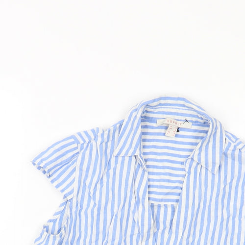 Esprit Womens Blue Striped Cotton Cropped Button-Up Size 8 V-Neck
