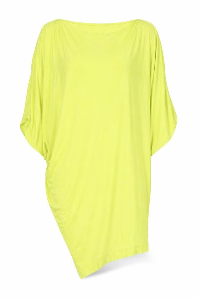 Front view of BCBGMAXAZRIA women’s yellow modal tunic blouse, size S, round neck