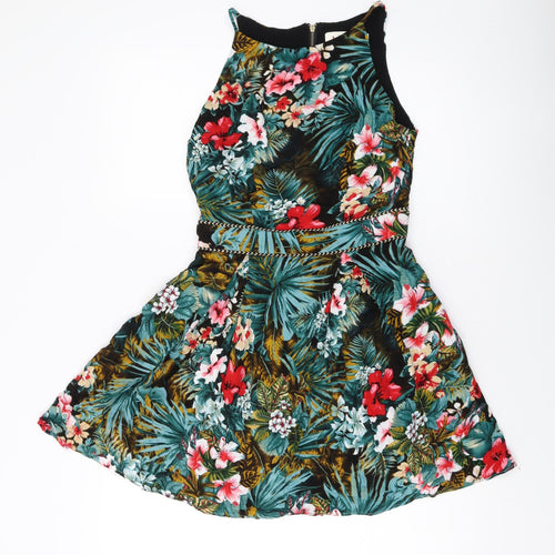 Louche Womens Multicoloured Floral Viscose A-Line Size 8 Square Neck Zip