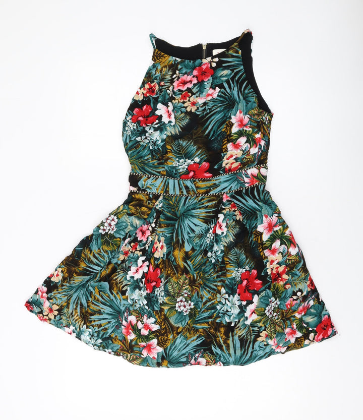 Louche Womens Multicoloured Floral Viscose A-Line Size 8 Square Neck Zip