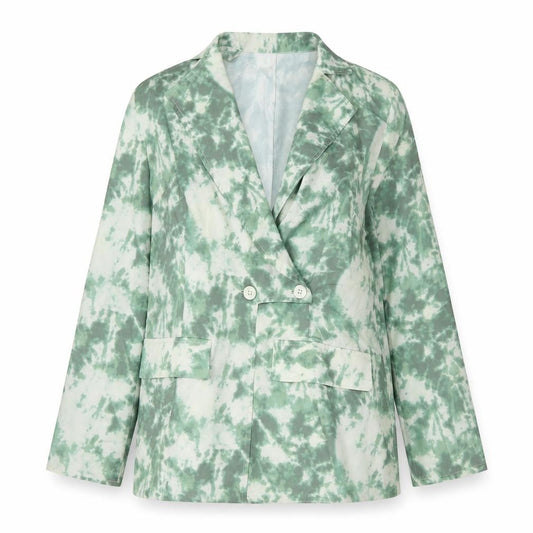 Front view of PRETTYLITTLETHING women’s green geometric jacket, size UK 16, button