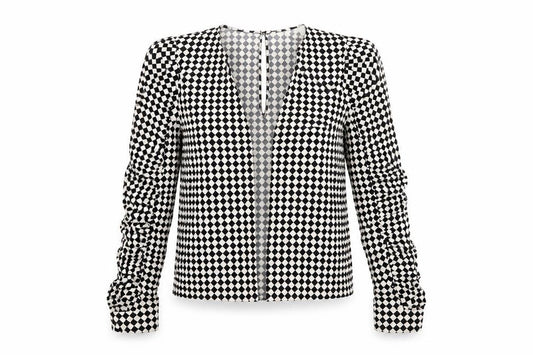 Front view of H&M women’s beige check jacket, size UK 8