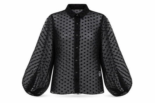 Front view of IVIVI women’s black polka dot polyester basic button-up, size M, collared