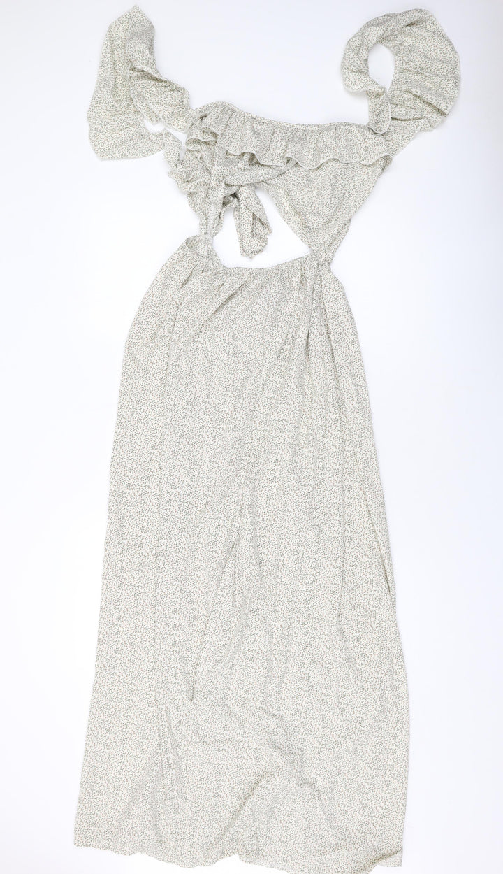 PRETTYLITTLETHING Womens Beige Floral Polyester Maxi Size 16 V-Neck Tie