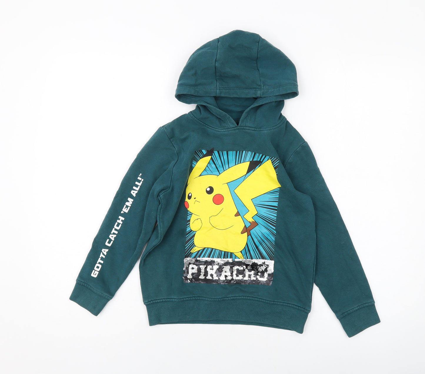 NEXT Boys Green Cotton Pullover Hoodie Size 7 Years Pullover - Pokemon