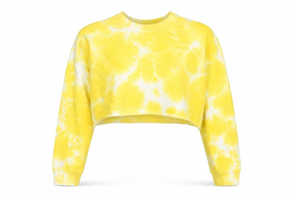 Front view of PRETTYLITTLETHING women’s yellow cotton pullover sweatshirt, size UK 4, pullover