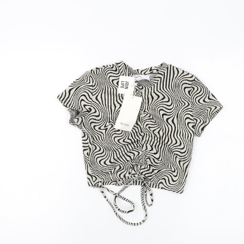 Bershka Womens Grey Animal Print Polyester Cropped T-Shirt Size S Round Neck