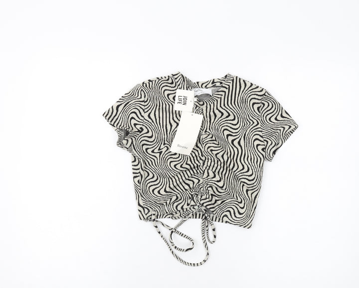 Bershka Womens Grey Animal Print Polyester Cropped T-Shirt Size S Round Neck