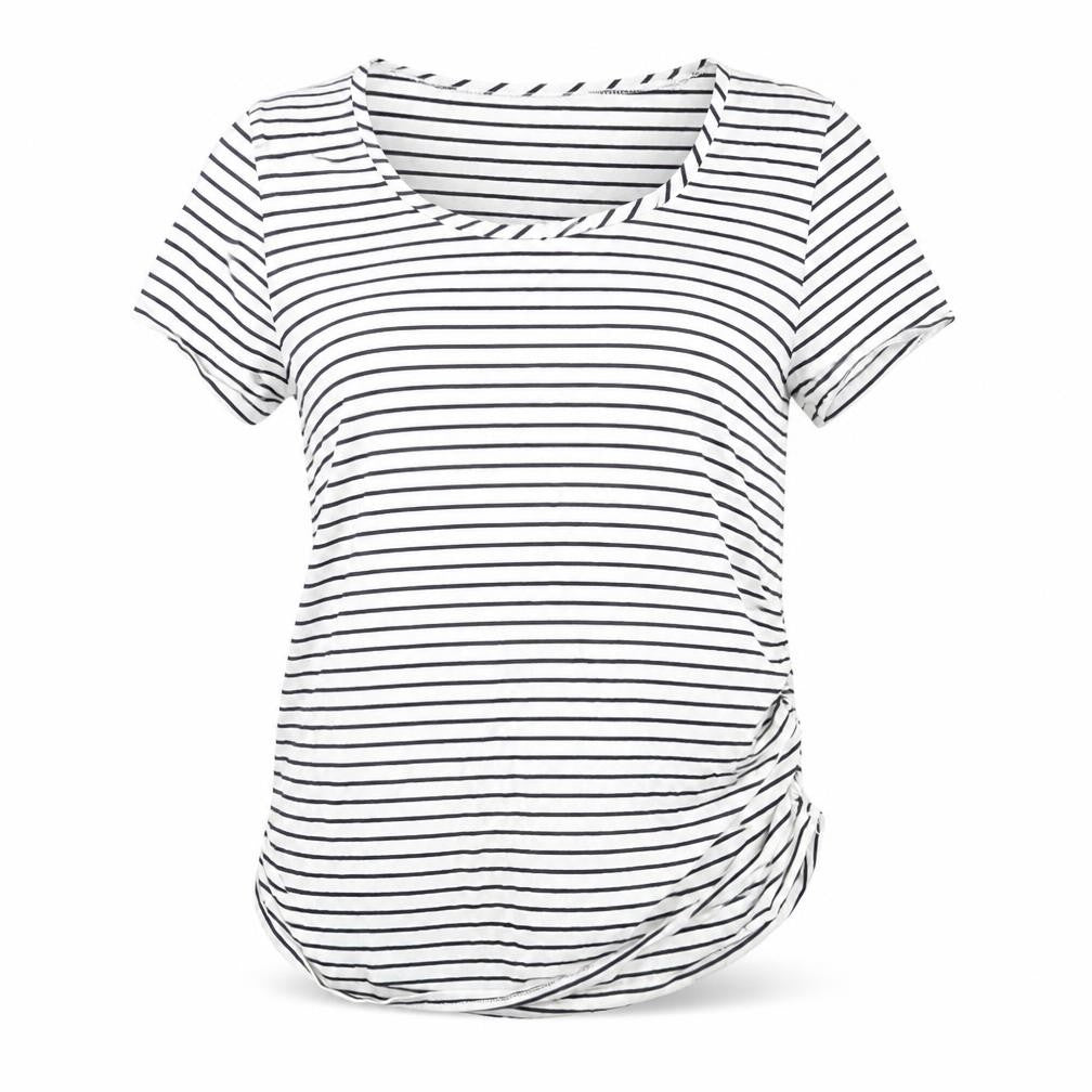 Front view of Blooming women’s white striped cotton basic t-shirt, size M, round neck