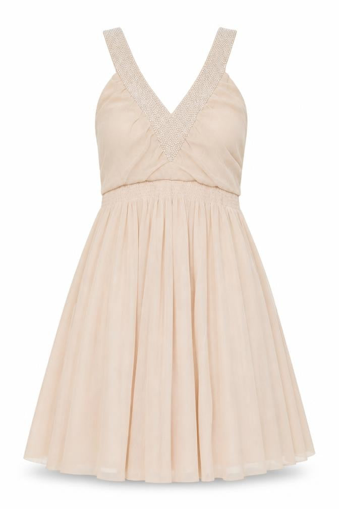 Front view of H&M women’s pink polyester skater dress, size M, v-neck pullover