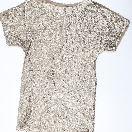 Fashions Womens Gold Polyester Mini Size 10 Round Neck Button