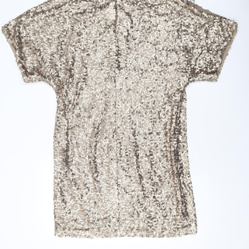 Fashions Womens Gold Polyester Mini Size 10 Round Neck Button