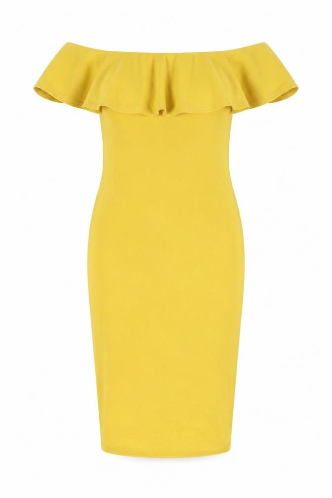 Front view of Dolly Diva women’s yellow polyester bodycon, size UK 12, round neck pullover