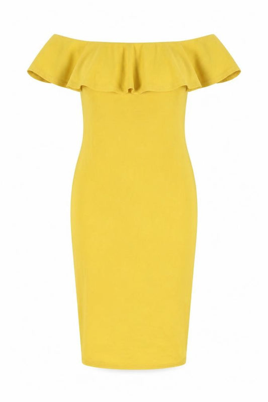 Front view of Dolly Diva women’s yellow polyester bodycon, size UK 12, round neck pullover