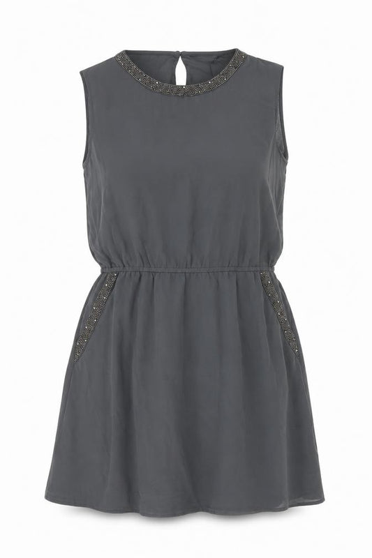 Front view of Only women’s grey polyester a-line, size UK 14, round neck button