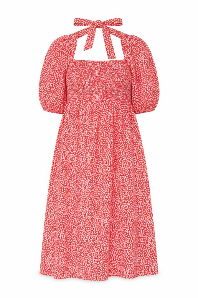 Front view of Lola May women’s red geometric polyester a-line, size UK 10, square neck pullover