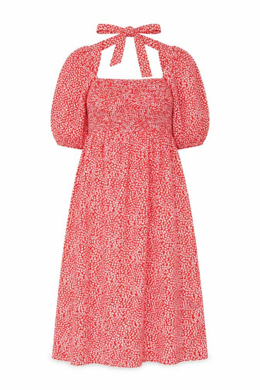 Front view of Lola May women’s red geometric polyester a-line, size UK 10, square neck pullover
