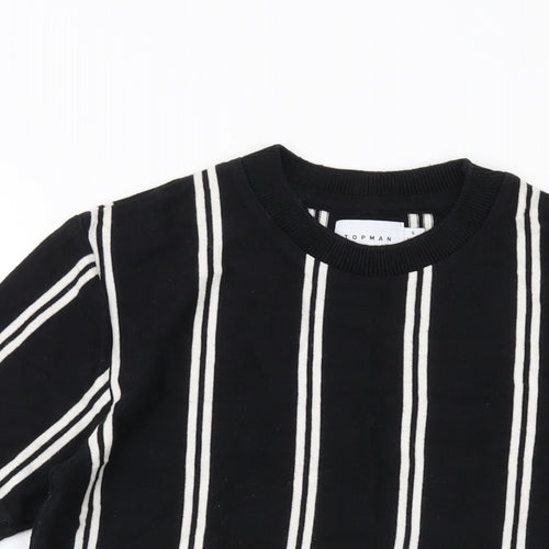 Topman Mens Black Round Neck Striped Cotton Pullover Jumper Size S Short Sleeve