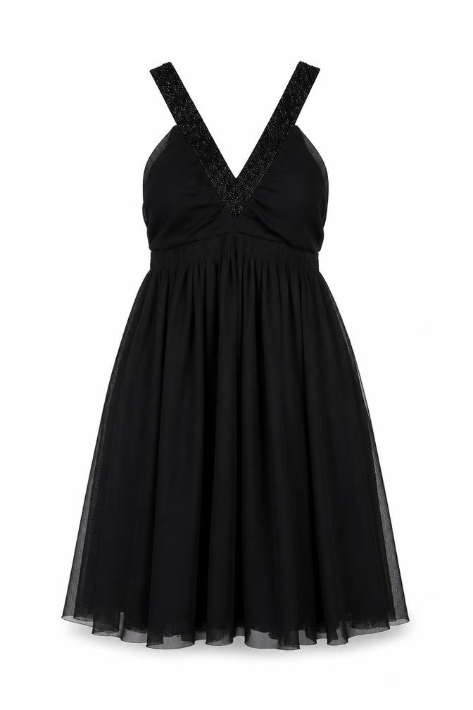 Front view of H&M women’s black polyester a-line, size M, v-neck pullover