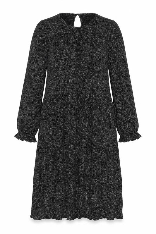 Front view of H&M women’s black geometric viscose a-line, size M, round neck button
