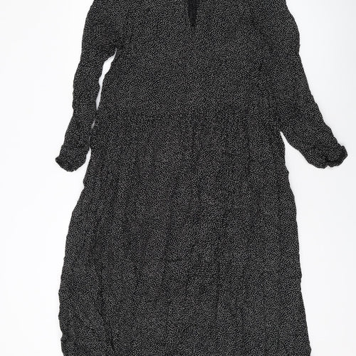 H&M Womens Black Geometric Viscose A-Line Size M Round Neck Button