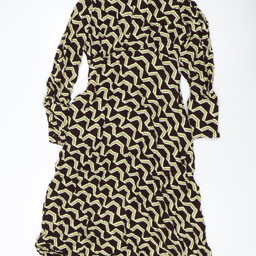 Autograph Womens Brown Geometric Viscose A-Line Size 14 Mock Neck Zip