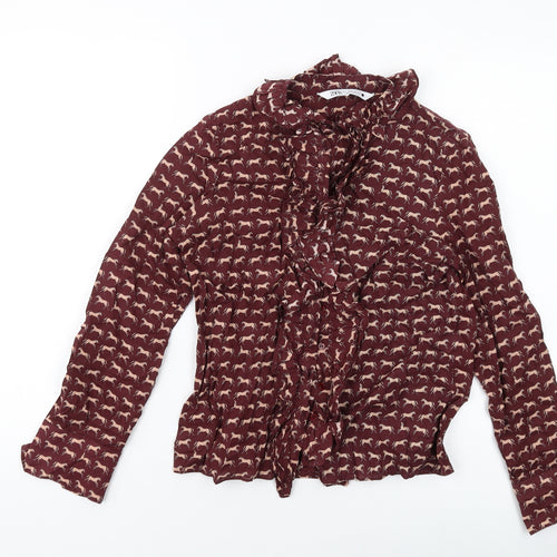 Zara Womens Brown Geometric Polyester Basic Button-Up Size S Mock Neck