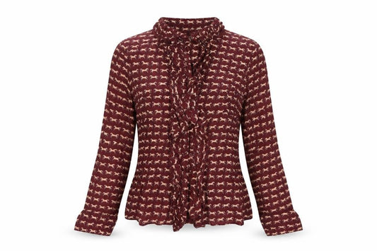 Front view of Zara women’s brown geometric polyester basic button-up, size S, mock neck