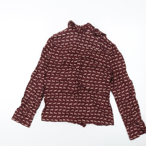 Zara Womens Brown Geometric Polyester Basic Button-Up Size S Mock Neck