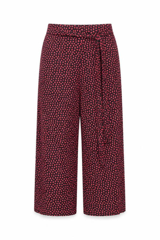 Front view of Next women’s pink geometric viscose cropped trousers, size UK 8, 21-inch leg regular - belted elasticated waist