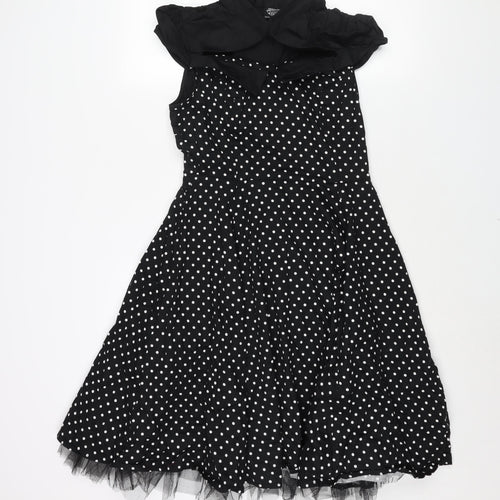 Hearts & Roses Womens Black Polka Dot Cotton Fit & Flare Size 16 Mock Neck Hook & Eye - Tulle Hem Cut Out