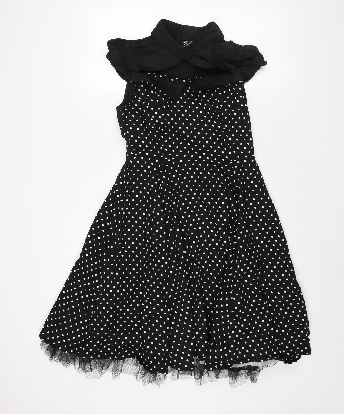 Hearts & Roses Womens Black Polka Dot Cotton Fit & Flare Size 16 Mock Neck Hook & Eye - Tulle Hem Cut Out