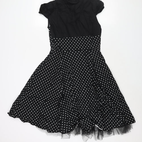 Hearts & Roses Womens Black Polka Dot Cotton Fit & Flare Size 16 Mock Neck Hook & Eye - Tulle Hem Cut Out