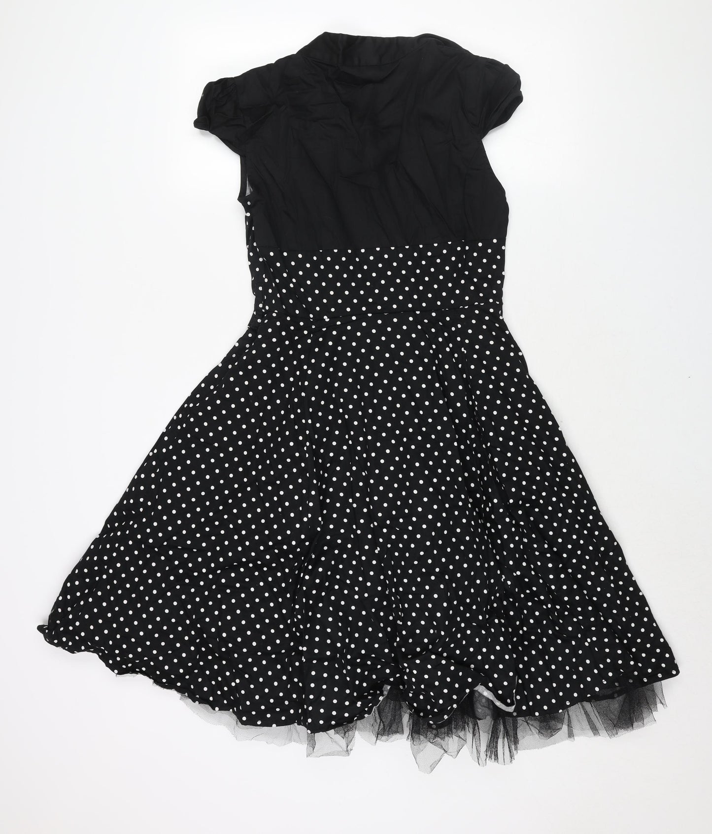 Hearts & Roses Womens Black Polka Dot Cotton Fit & Flare Size 16 Mock Neck Hook & Eye - Tulle Hem Cut Out