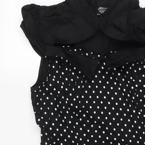 Hearts & Roses Womens Black Polka Dot Cotton Fit & Flare Size 16 Mock Neck Hook & Eye - Tulle Hem Cut Out