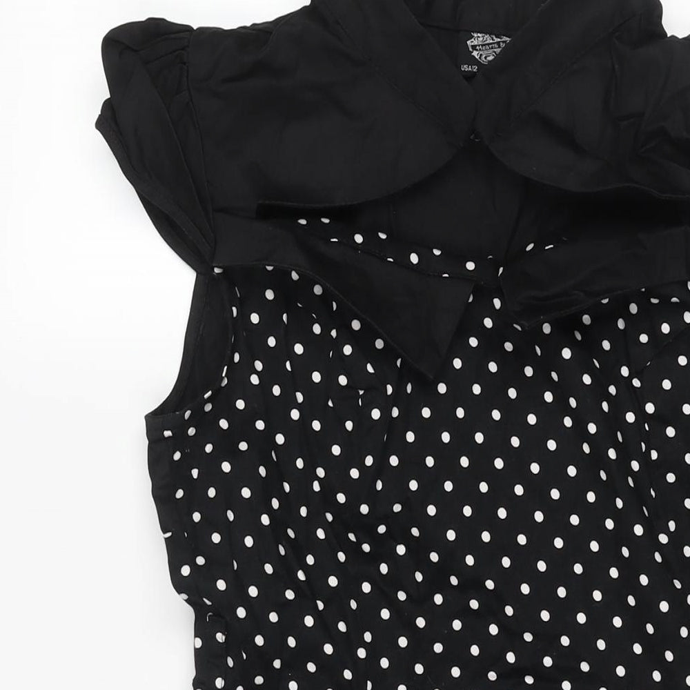 Hearts & Roses Womens Black Polka Dot Cotton Fit & Flare Size 16 Mock Neck Hook & Eye - Tulle Hem Cut Out