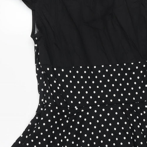 Hearts & Roses Womens Black Polka Dot Cotton Fit & Flare Size 16 Mock Neck Hook & Eye - Tulle Hem Cut Out