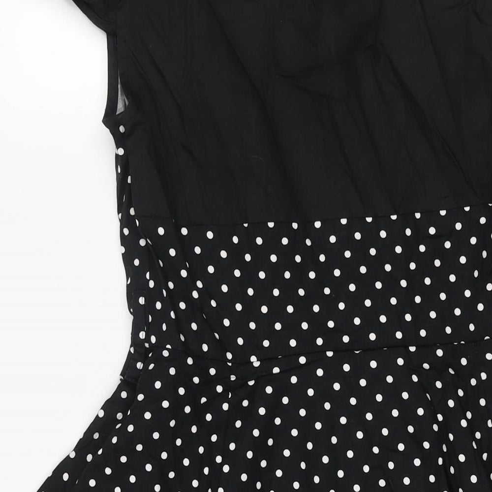 Hearts & Roses Womens Black Polka Dot Cotton Fit & Flare Size 16 Mock Neck Hook & Eye - Tulle Hem Cut Out