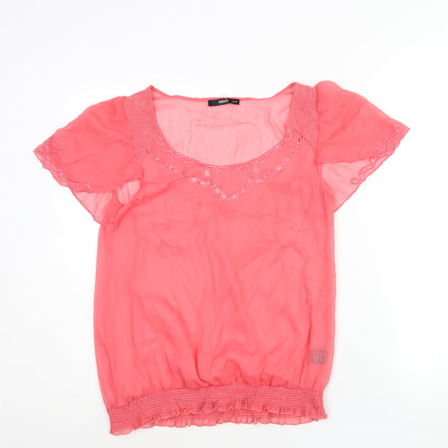 Oasis Womens Pink Polyester Basic Blouse Size 10 Scoop Neck - Embroidered Rouched