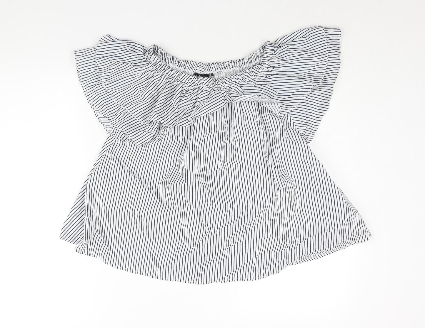 Boohoo Womens Blue Striped Polyester Basic Blouse Size 10 Boat Neck - Layered Frill
