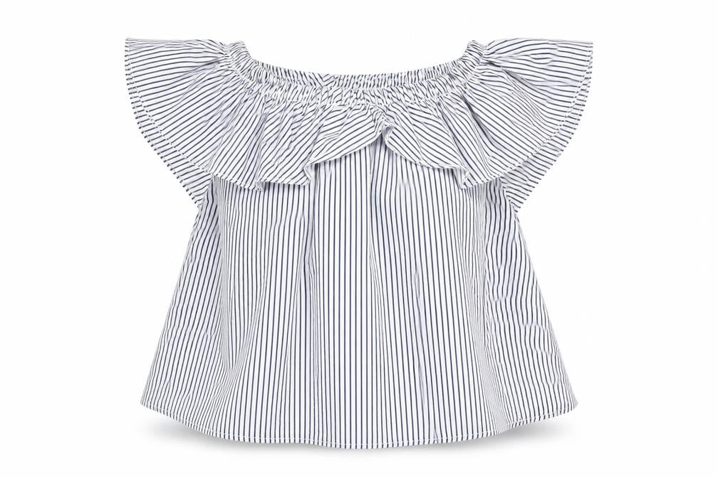 Front view of Boohoo women’s blue striped polyester basic blouse, size UK 10, boat neck - layered frill