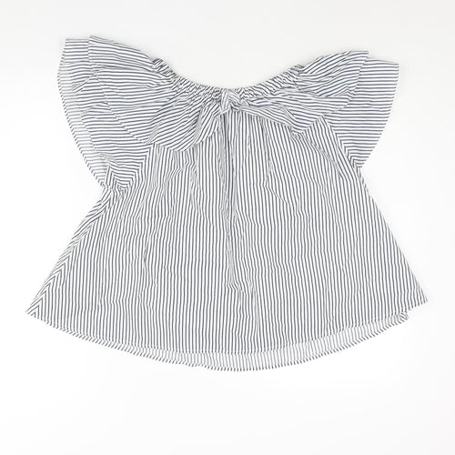 Boohoo Womens Blue Striped Polyester Basic Blouse Size 10 Boat Neck - Layered Frill